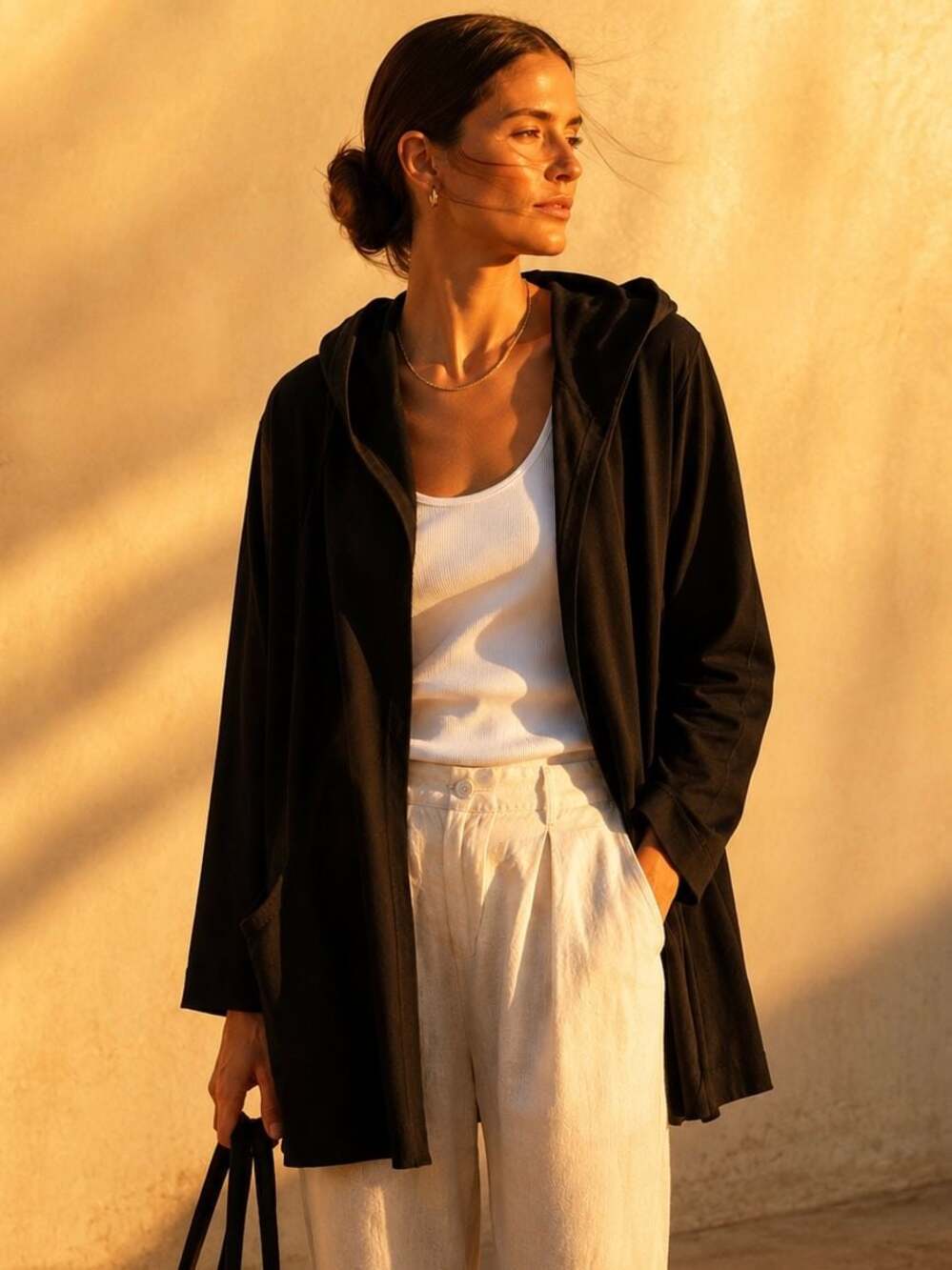 Eileen Fisher Hooded Open Cardigan XL Organic Cotton Black Minimalist